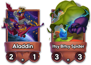Compared to the shared-pool Itsy Bitsy Spider card on the right, the collectible Aladdin card on the left's name-banner has colored top and bottom borders and a decoration underneath.