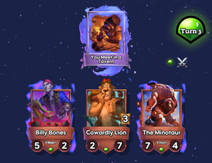 A turn-three shop (a spell and three characters). The current turn-number and shop-rarity are displayed nearby, along with icons indicating the number of remaining picks this turn.
