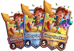 Bronze, Silver, and Golden versions of the card Glory Seeker, arranged in a fan.