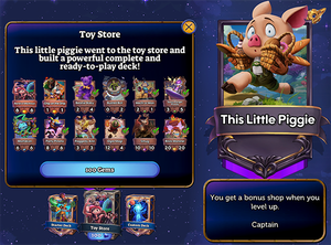 The "Toy Store" theme deck for This Little Piggie. Ten already-collected cards have check marks. The deck costs 100 gems (after the price reduction for already-collected cards). The deck's description reads "This little piggie went to the toy store and built a powerful complete and ready-to-play deck!"