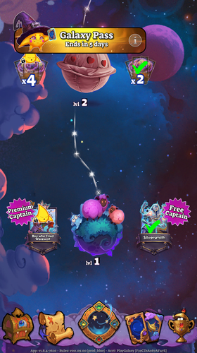 The Galaxy Pass screen: A path leading upwards with stops at variously-themed "Planet Nodes". Each node displays a level and a pair of rewards. The level-1 node here shows the current season's unlocked free captain, and a locked captain skin for the Premium Pass reward. A display at the top displays days remaining in the current season.