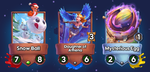 Three characters on painted board slots. Paint splats appear in distinct positions. Red paint appears below the card’s attack stat, Yellow below the health stat, and Blue along the card’ bottom.